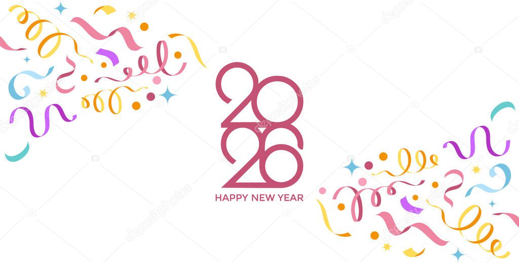 Creative Design to 2026 Happy New Year Celebration Concept, Banner with a Variety of colorful confetti and 2026 Logo text design