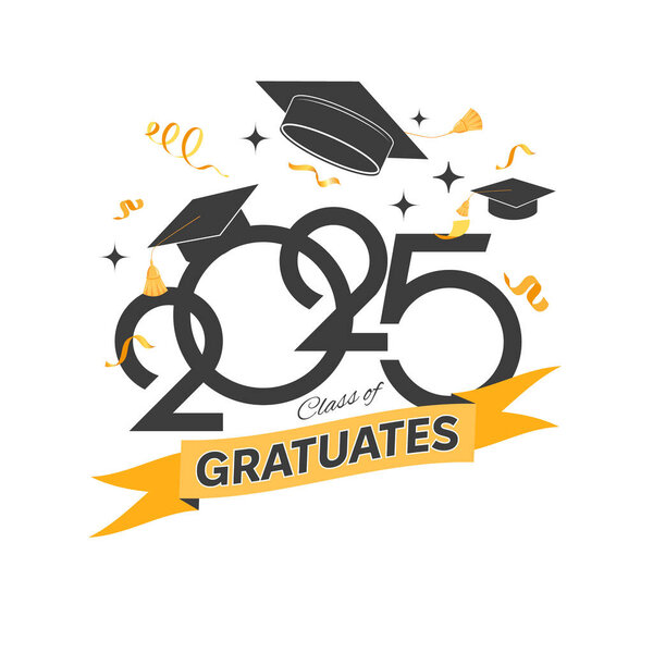 Class of 2025. Congratulations graduates design concept. Graduating cap and 2025 number against white background. Design elements of greeting card, invitation