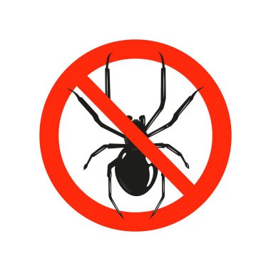 Siyah örümcek silueti için uyarı işareti. Tehlikeli böcek vektörü clipart illüstrasyonlu kırmızı daire işareti