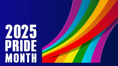 Gurur tasarımı konsepti. LGBT soyut arkaplan mavi arkaplan üzerinde dalgalı gökkuşağı ile. LGBT Tarih Ayı için gökkuşağı toplum posteri. Onur Ayı 2025
