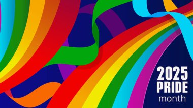 Gurur tasarımı konsepti. LGBT soyut arkaplan mavi arkaplan üzerinde dalgalı gökkuşağı ile. LGBT Tarih Ayı için gökkuşağı toplum posteri. Onur Ayı 2025
