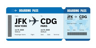 JFK 'den CDG Vector Illustration' a uçuş kartı. New York 'tan Paris' e gitmek için gerçekçi bir uçuş kartı tasarımı. Seyahat, havayolu, rezervasyon, havacılık ya da tatil temalı