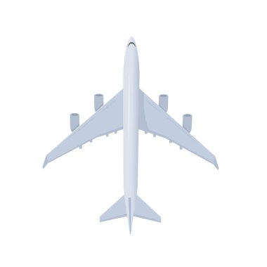 Flat Airplane Illustration. Gökyüzünde uçan ticari uçağın vektör çizimi. Seyahat, havacılık, turizm ve ulaşım kavramları için ideal.