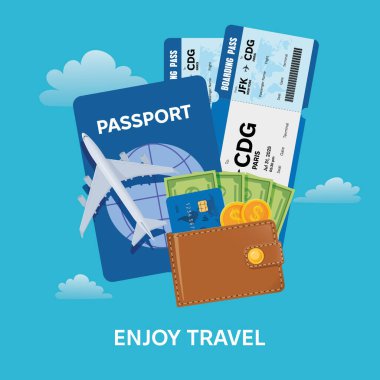Pasaport, Paris 'e gidiş bileti, uçak modeli, kredi kartı, para ve bozuk para içeren cüzdan gibi temel seyahat eşyalarının yer aldığı seyahat konsepti.