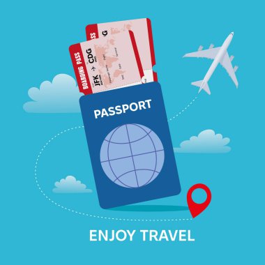 Pasaport, Paris 'e uçuş biletleri, mavi gökyüzüne karşı ayarlanmış uçak modelleri gibi temel seyahat öğelerini içeren seyahat konsepti çizimleri.