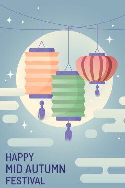 Sonbahar Festivali ortası Fenerleri 'nin aptal ayı düz bir stilde. Geleneksel Çin fenerlerinin vektör çizimi, dolunay ve stilize bulutlar. Mükemmel bayram tebriği, kültürel tanıtım ve sezon