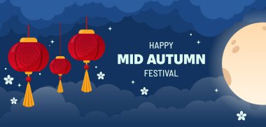 Sonbahar Festivali ortası Fenerleri 'nin aptal ayı düz bir stilde. Geleneksel Çin fenerlerinin vektör çizimi, dolunay ve stilize bulutlar. Mükemmel bayram tebriği, kültürel tanıtım ve sezon