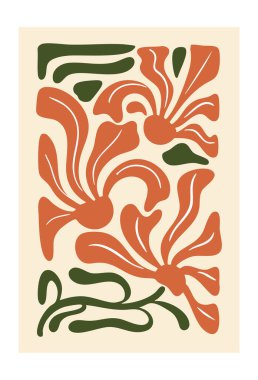 70 'lerin nostaljik atmosferli havalı botanik illüstrasyonlu modaya uygun bir poster tasarımı. Modern tarz çiçekler ve dalgalı şekiller poster, kapak veya sosyal medya için iyidir