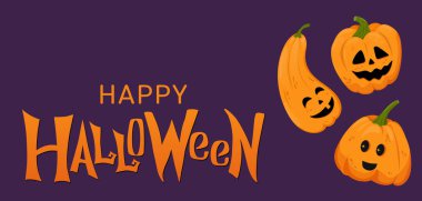 Cadılar Bayramı posterinde şirin balkabakları. Cadılar Bayramı 'nda mutlu kelimeler ve farklı duyguları olan üç çizgi film Balkabağı Jack Lantern. Sosyal medya paylaşımları için iyi. poster ya da afiş tasarımı