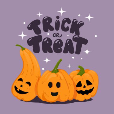 Cadılar Bayramı posterinde şirin balkabakları. Üç çizgi film Balkabağı 'nın üstündeki kelimeleri kandırın ya da tedavi edin. Jack Lantern' in farklı duyguları var. Sosyal medya paylaşımları için iyi. poster ya da afiş tasarımı