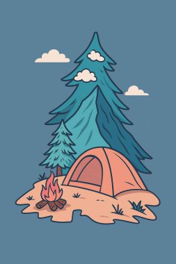 Düz bir resimde kamp alanı, kamp ateşi, çam ağaçları ve bulutlu mavi bir dağ açık hava macerasını ve doğayı sembolize ediyor..