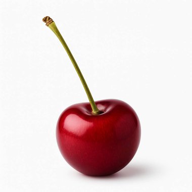 Beyaz arka planda yeşil saplı taze kiraz. Minimalist temiz kompozisyon, canlı kırmızı renk. Yemek, yaz, meyve ve sağlıklı yeme temaları için ideal.