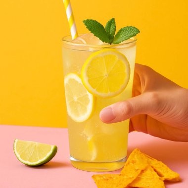 Limon dilimleri, buz küpleri ve su damlacıklarıyla dolu berrak bir bardakta ferahlatıcı bir yaz limonatası..