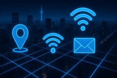 Geceleri, konum, kablosuz ağ ve e-posta için parlayan mavi simgelerle dijital iletişimi, veri ağlarını ve kentsel teknolojiyi sembolize eden gelecekçi akıllı şehir