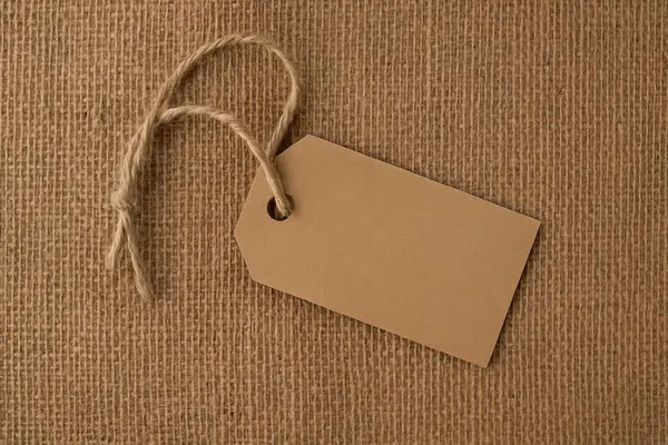 Çuval bezi arka planında sicim olan dikdörtgen kraft kağıt etiket. Çevre dostu paketleme konsepti. Sıcak stüdyo ışıkları. Yatay bileşim.