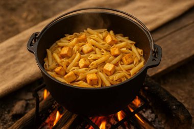Tofu, sebze ve siyah bir tencerede pişen bitkilerle pişirilmiş sade bir açık hava makarnası. Sıcak ve iştah açıcı bir atmosferi olan kamp ateşi sahneleri için mükemmel..