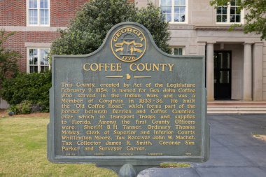 Douglas, Georgia, USA - April 17, 2022: Plaque tells the history of the Coffee County