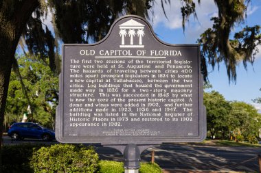 Tallahassee, Florida, USA - April 18, 2022: Plaque tells the history of the Old Capitol of Florida