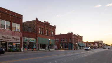 Okemah, Oklahoma, USA - October 15, 2022: The old business district on Broadway Street