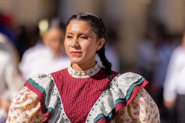 Matamoros, Tamaulipas, Meksika - 26 Kasım 2022: The Desfile del 20 de Noviembre, geçit töreninde geleneksel giysiler giyen dansçı