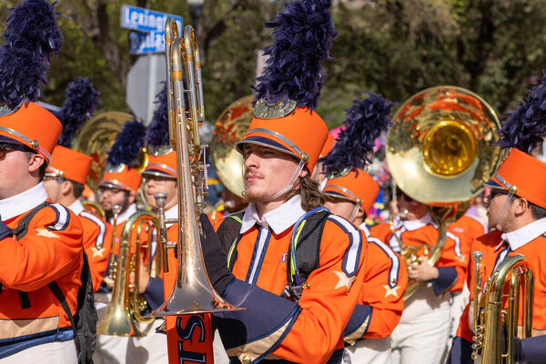 San Antonio, Texas, USA - April 8, 2022: The Battle of the Flowers Parade, The University of Texas at San Antonio Marching Band performing at the parade