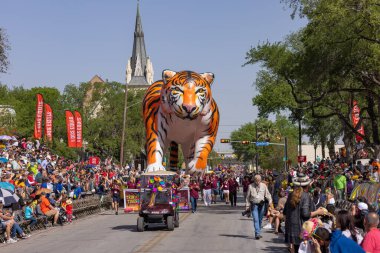 San Antonio, Teksas, ABD - 8 Nisan 2022 Çiçek Yürüyüşü Savaşı, Trinity Üniversitesi 'ni destekleyen büyük bir kaplan balonu olan insanlar