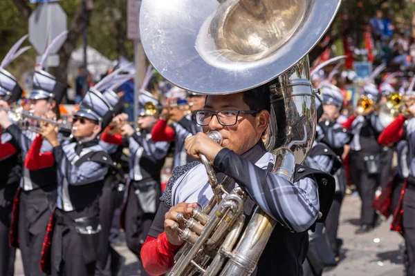 stock image San Antonio, Texas, USA - April 8, 2022: The Battle of the Flowers Parade, The Winston Churchill High School Charger Band performing at the parade