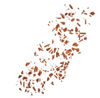 Cracked broken chocolates isolated on white background. Flying Milk Chocolate chips pieces Top view. Flat lay