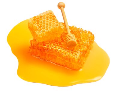 Honey stick and  Honeycomb isolated on white background, top view. 