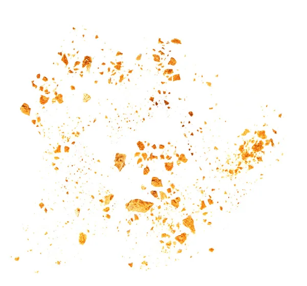 Bread crumbs macro isolated on white background. Splash of crumbs Top view. Flat lay