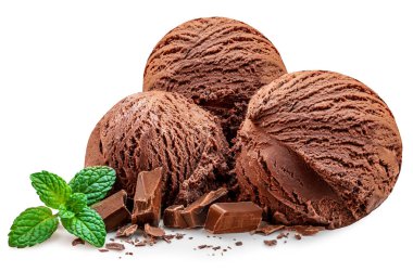 Chocolate Ice Cream Scoops isolated on white background. Chocolate ice-cream with mint leaf close up. Collection