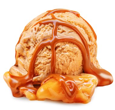 Caramel  ice cream with Melting caramel pieces isolated on white background, closeu
