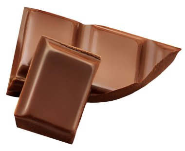 Dark chocolate chunks isolated on white background. Broken smooth Chocolate pieces closeu