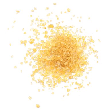 Brown sugar isolated on white background, top view. Sweet Granulated Cane sugar Flat lay