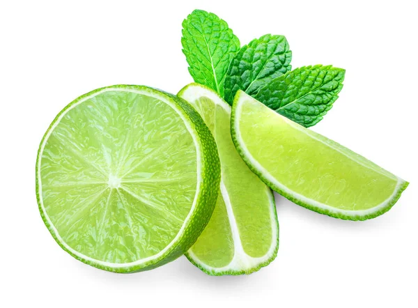 Lime Fruit Mint Leaf Isolated White Background Lime Citrus Slice — Stockfoto
