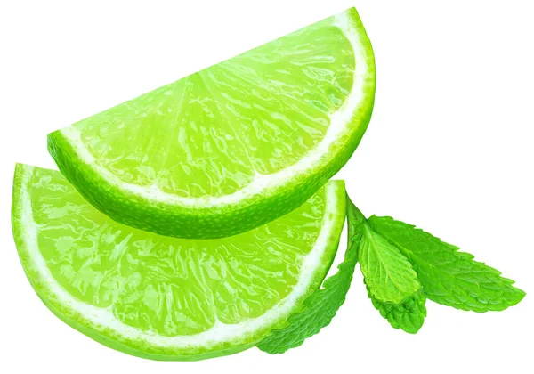 Lime Fruit Mint Leaf Isolated White Background Lime Citrus Slice — Stockfoto