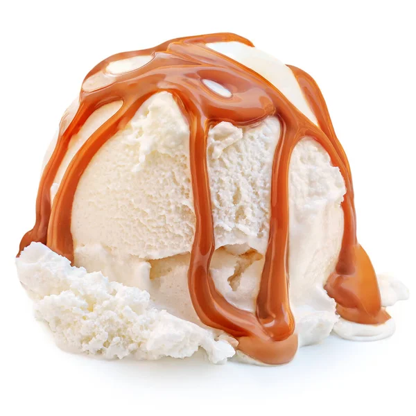 Skořápka Vanilkové Zmrzliny Koule Karamelovou Karamelovou Omáčkou Izolované Bílém Pozadí — Stock fotografie