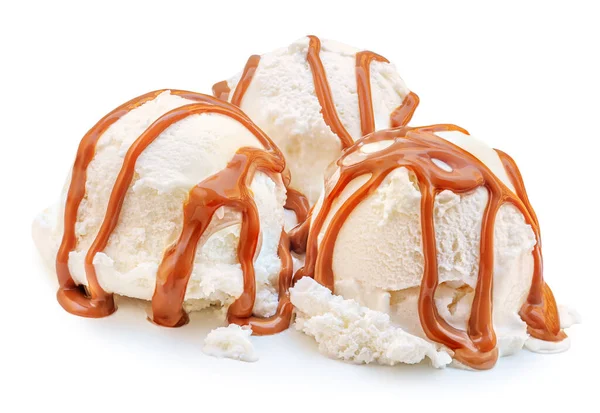 小勺香草冰淇淋球与焦糖焦糖番茄酱分离的白色背景 — 图库照片
