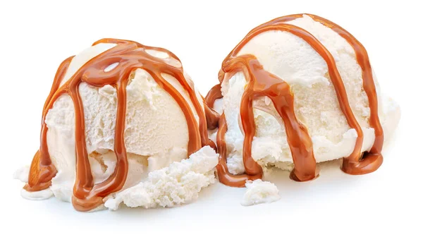Skořápky Vanilkové Zmrzliny Koule Karamelovou Karamelovou Omáčkou Izolované Bílém Pozadí — Stock fotografie