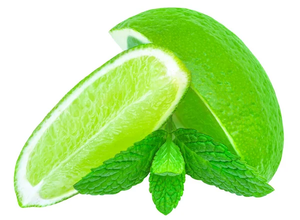 Lime Slices Isolated White Background Lime Citrus Fruit Mint Leaf — Stock Photo, Image