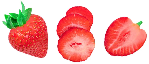 多汁的草莓在白色的背景上被分离出来 具有草莓果实顶部视图的创意布局 平躺在床上 — 图库照片