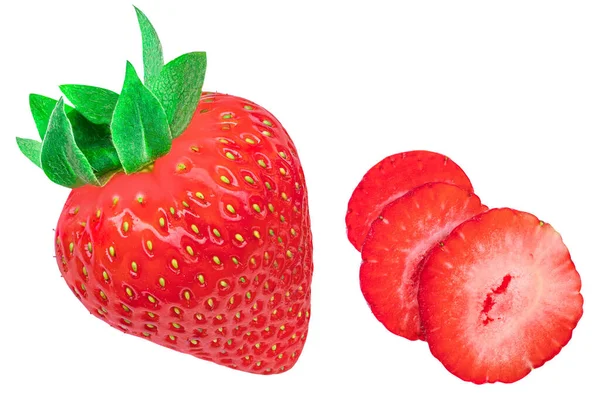 Sappig Aardbeienfruit Met Half Gesneden Geïsoleerd Witte Achtergrond Bovenaanzicht Vlakke Stockfoto