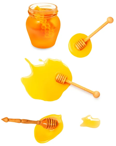Creative Layout Made Honey Isolated White Background Honey Combs Jars — Stock Photo, Image