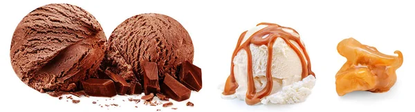 Chocolate Caramel Ice Cream Balls Toffee Caramel Pieces Isolated White — Stock Photo, Image