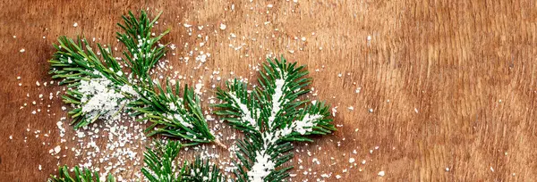 Рождественский Деревянный Фон Снежной Елкой Xmas Card Copy Spac — стоковое фото
