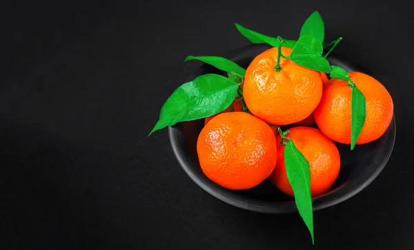 Fresh mandarin oranges fruit or tangerines with leaves on black background. Copyspace. Fresh picked mandarins Top view