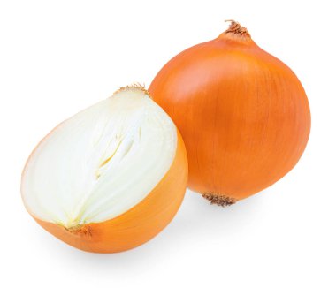 Beyaz arkaplanda soğan soğanı izole edilmiş. Tam altın soğan soğanı soğanı ve yakın plan. Paket tasarım elementi