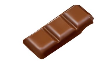 Beyaz arka planda izole edilmiş sütlü çikolata parçası. Üstten bakınca çikolata parçacıkları. Düz la