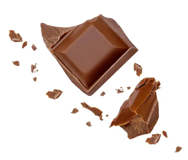 Flying Chocolade Stukken Geïsoleerd Witte Achtergrond Gebroken Choco Brokken Met Rechtenvrije Stockafbeeldingen