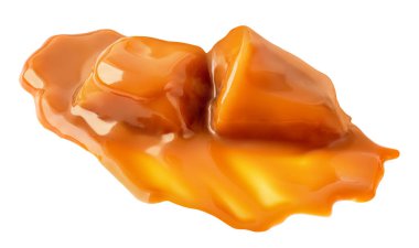 Karamelli şekerler izole edilmiş. Sütlü karamel karamel soslu karamel şekerlemeleri beyaz arka planda. Üst Manzara. Düz yatıyordu